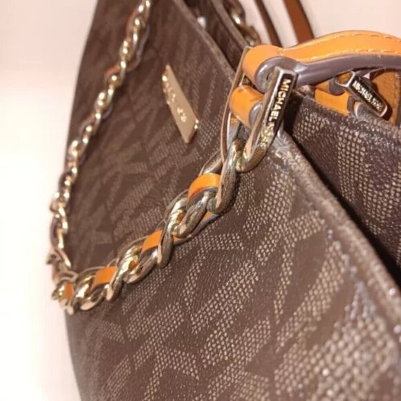 Michael Kors Handbag Brown Signature Harper Large Tote Logo Gold Chain East West - Picture 7 of 15